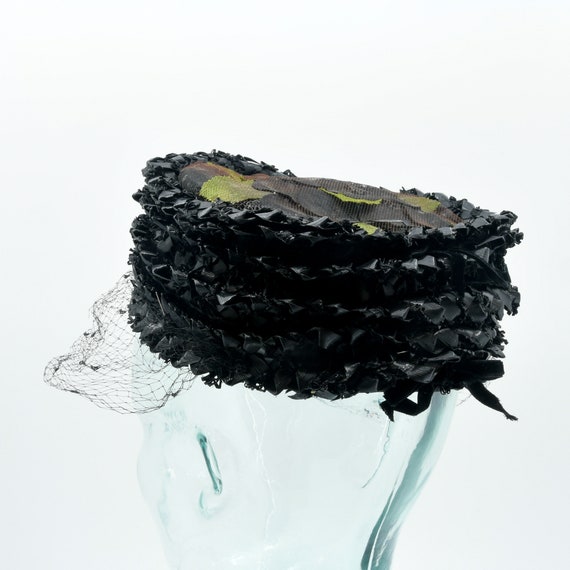 Black Woven Ribbon Pillbox Hat with Bird Cage Veil - image 4