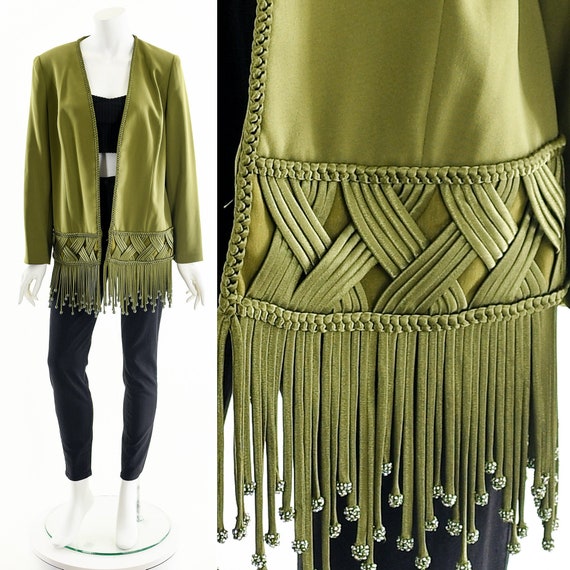 Braided Fringe Duster,Dark Green Fringe Coat,Coutu
