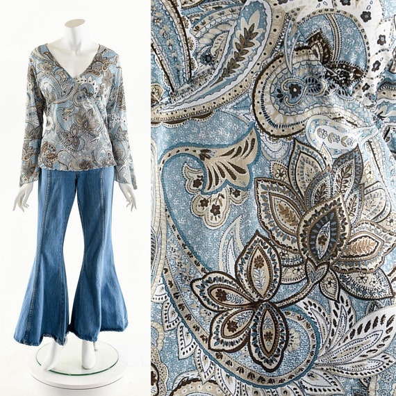 Blue Bohemian Blouse,Paisley Print Boho Top,90s D… - image 1