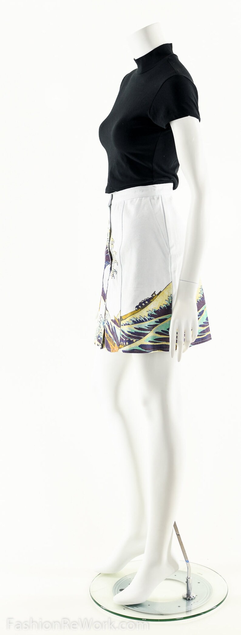 The Great Wave Skirt,90s Snap Front Skater Mini Skirt,90s Club Kid Skirt,Art Print Skirt,The Great Wave Off Kanagawa,Hokusai,Japanese Wave