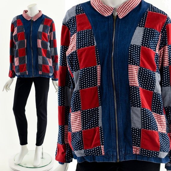 Vintage Patchwork Quilt Denim Jacket,Quilt Chorec… - image 3