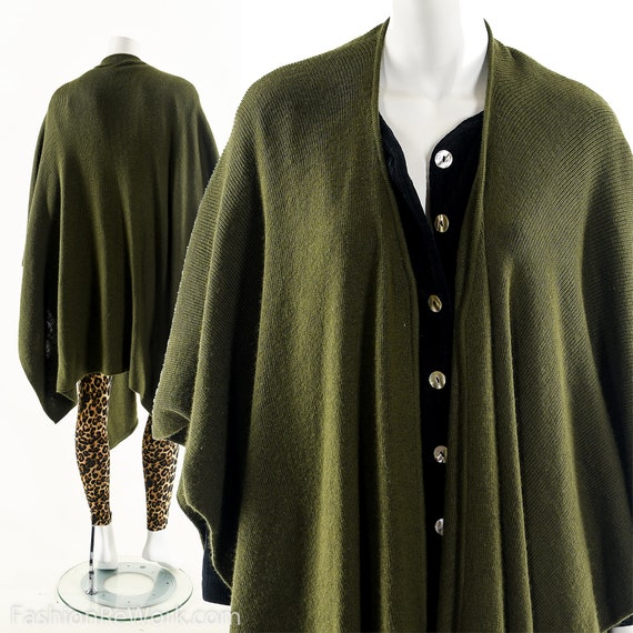 Green Knit Open Poncho,Vintage Sweater Cape,Olive… - image 1