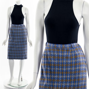 50&#39;s Blue and Brown Houndstooth Tweed Skirt