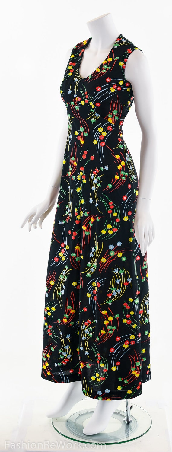 Black Rainbow Floral Maxidress 60s - image 7