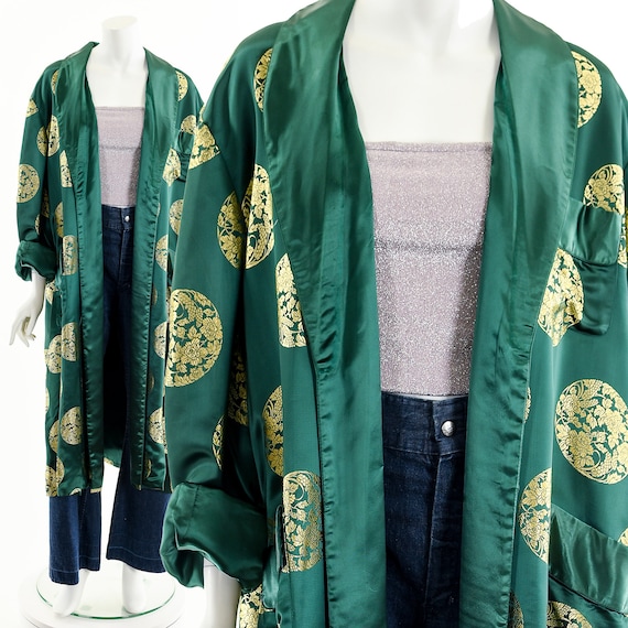 Emerald Green Silk Duster,Green Gold Kimono,Asian