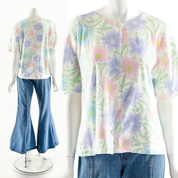 90s Daisy Tshirt,Pastel Rainbow Floral Top,Vintag… - image 3