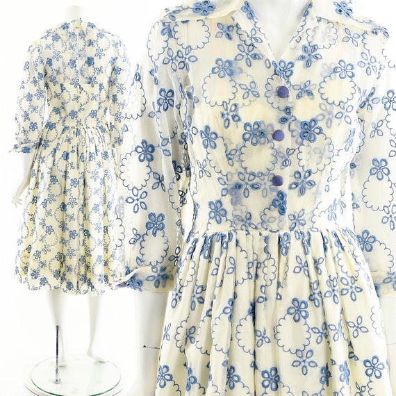 Vintage 1950's Suzy Perette Dress,Blue Daisey Sil… - image 3