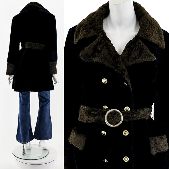 60's Black + Brown Faux Fur Shearling Belted Peac… - image 2