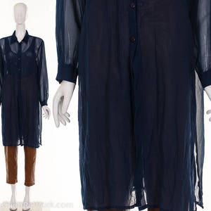 90's Navy Blue Sheer Long Duster Blouse Ethereal Blue Semi Sheer Button Down Top Diaphanous Floating Top Small Medium image 3