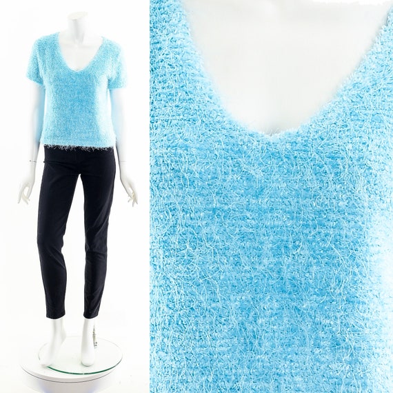 Aqua Blue Shag Knit Top,Y2K Fuzzy Blouse,Y2K Stre… - image 1