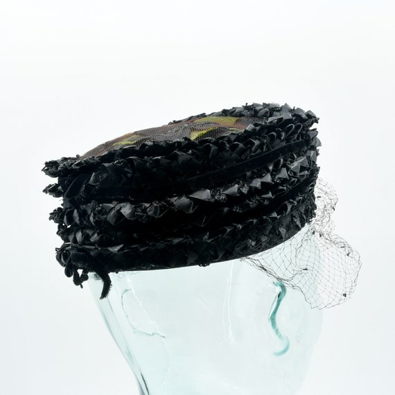 Black Woven Ribbon Pillbox Hat with Bird Cage Veil - image 6