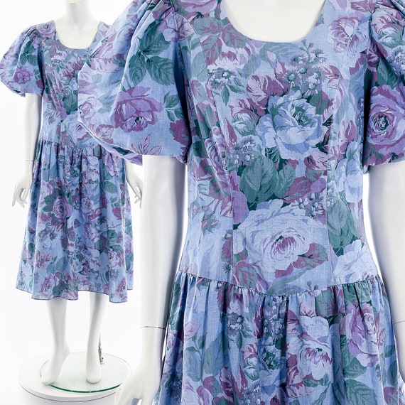 Floral Print Bubble Sleeve Dress - image 1