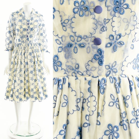 Vintage 1950's Suzy Perette Dress,Blue Daisey Sil… - image 1