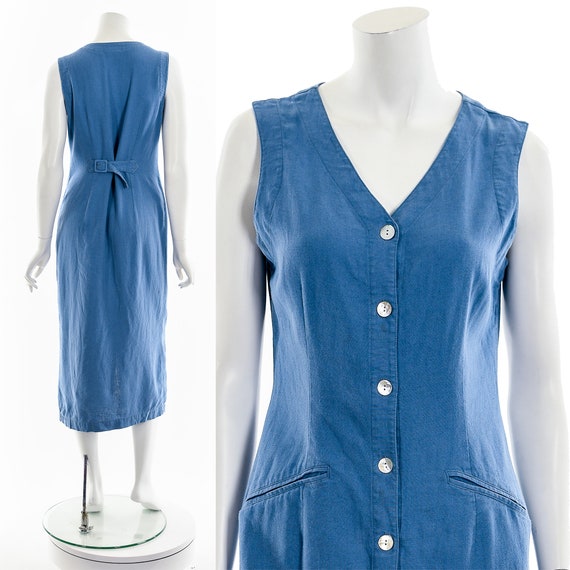Dusty Blue Linen Button Down Midi Dress - image 2