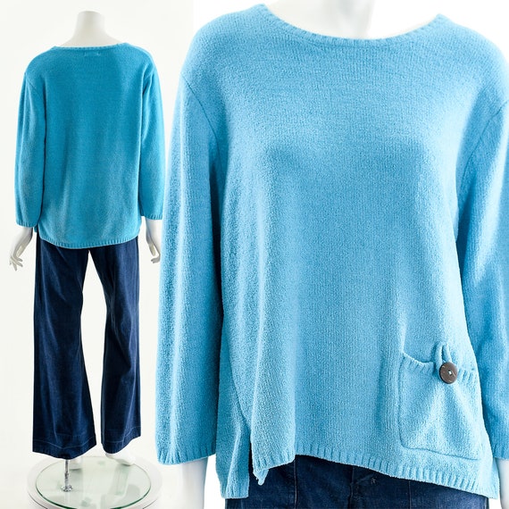 Aqua Blue Fuzzy Sweater, Asymmetric Pocket Sweate… - image 3