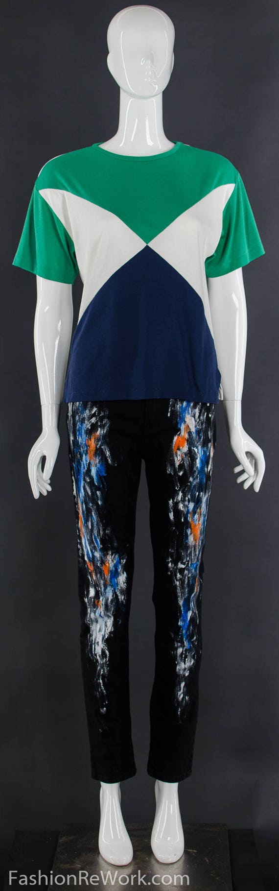 80's COLOR BLOCK Triangular T-Shirt Geometric Gre… - image 2