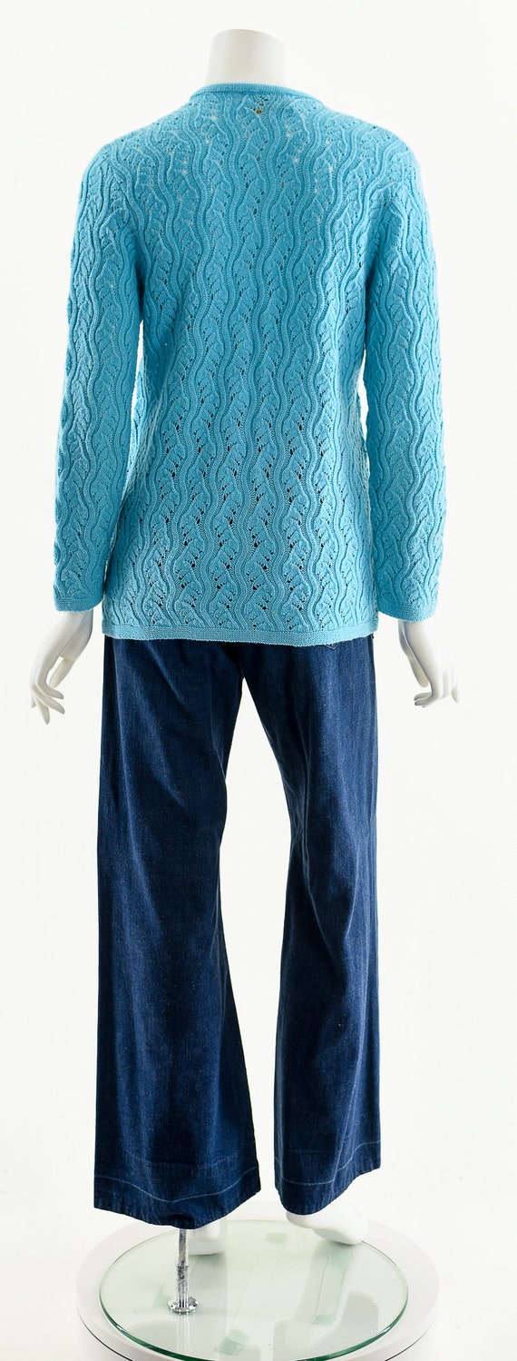 60's Turquoise Wavy Knit Cardigan Sweater - image 7