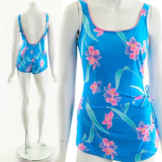 Tropical Floral Swimsuit,vintage 70s One Piece Suit,teal