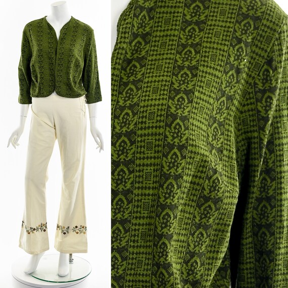 Green Woven Open Cropped Cardigan - image 2