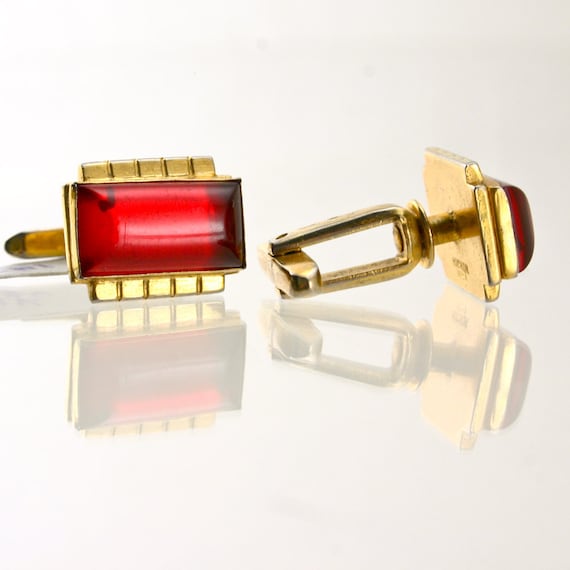 Vintage Wedding cufflinks Retro Ruby Glass Art De… - image 2