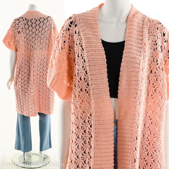 Pink Duster Sweater, Pink Crochet Sweater, Hand Kn