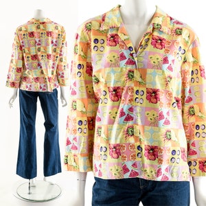 Fruit Flower Top,Fruit Novelty Print Blouse,Fruity Watercolor Button Down,90s 00s Y2K Top,Gift for Fruit Lovers,Vintage Fruit Print Top image 3