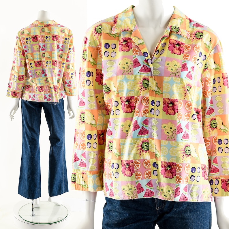 Fruit Flower Top,Fruit Novelty Print Blouse,Fruity Watercolor Button Down,90s 00s Y2K Top,Gift for Fruit Lovers,Vintage Fruit Print Top image 3