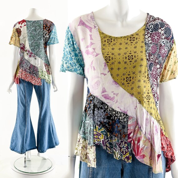 Rainbow Patchwork Blouse,Boho Patchwork Peplum Top