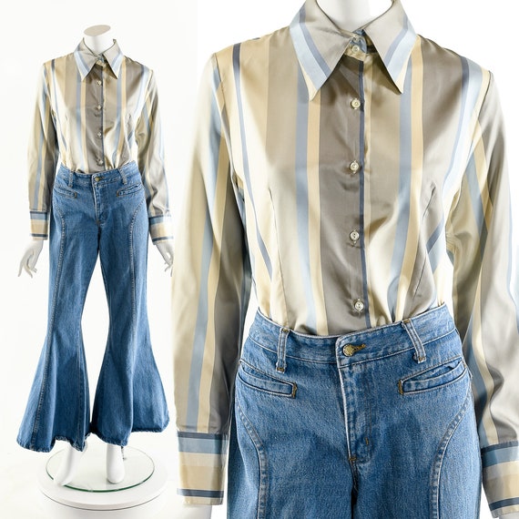 Striped Silky Blouse,Dandy Inspired Blouse,Menswe… - image 2