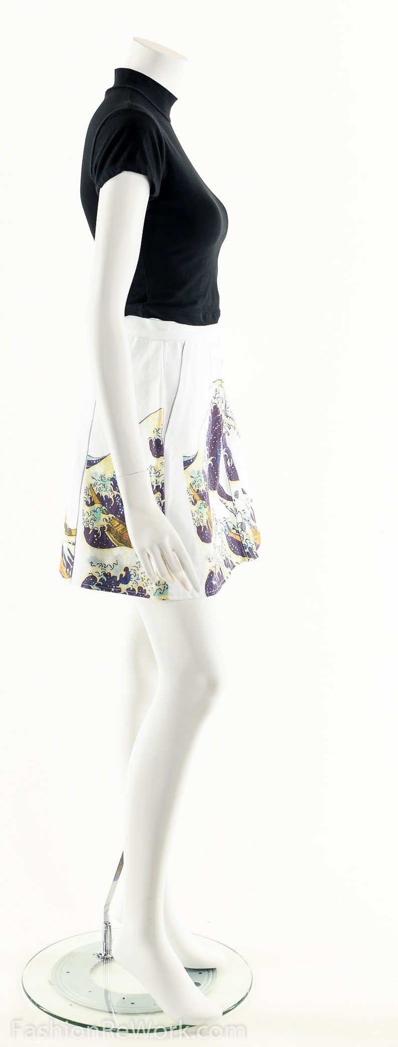 The Great Wave Skirt,90s Snap Front Skater Mini Skirt,90s Club Kid Skirt,Art Print Skirt,The Great Wave Off Kanagawa,Hokusai,Japanese Wave
