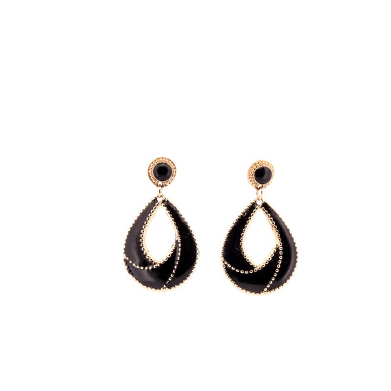 Black + Gold Tear Drop Dangly Earrings - image 1
