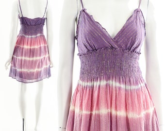 Smocked Tie Dye Dress,Purple Pink Baby Doll Dress,90s Summer Dress,