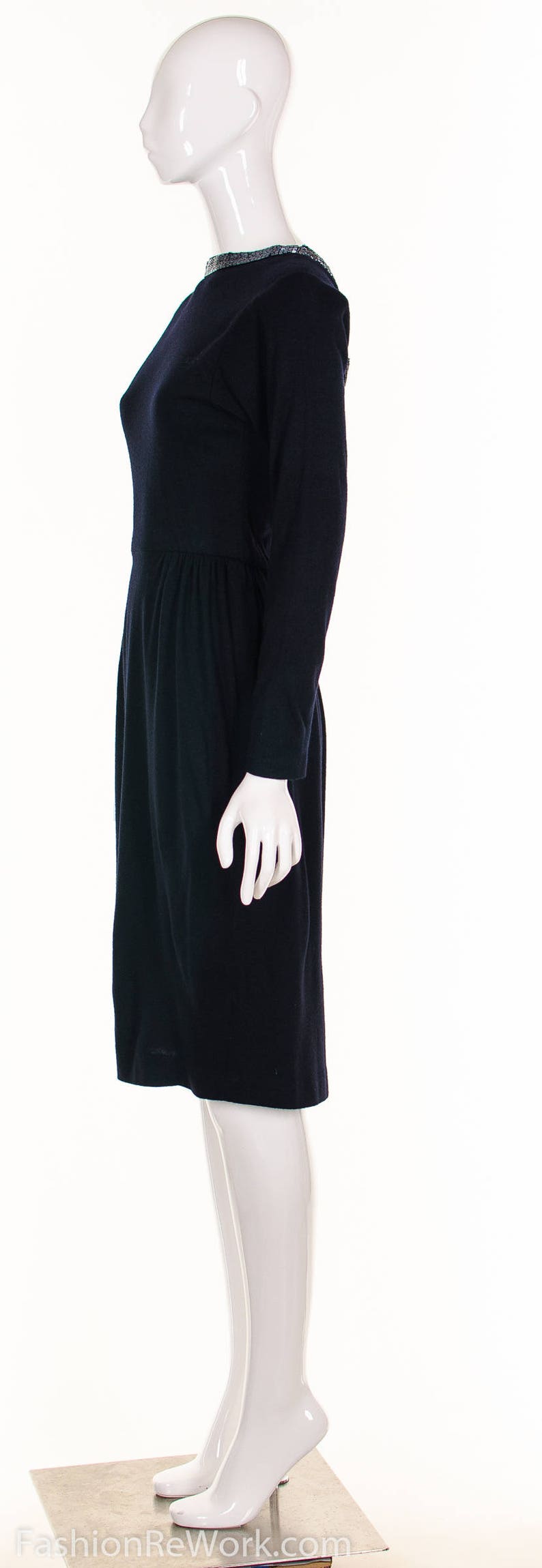 Vintage 50's Black Beaded Dress Plunging Neckline Black Wool Knit Dress Low Back Vixen Wiggle Dress Button Up Bombshell Retro Pin Up Dress S image 6