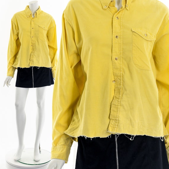 Yellow Corduroy Raw Hem Button Up Crop Top - image 1