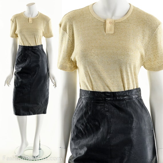 Leather Pencil Skirt,Black Leather Skirt, Vintage
