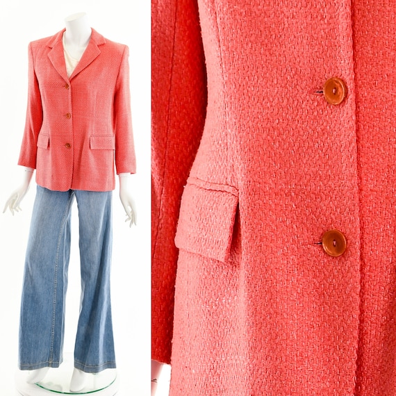 Tweed Boucle Blazer,Pink Coral Jacket,70s Knit Bo… - image 1