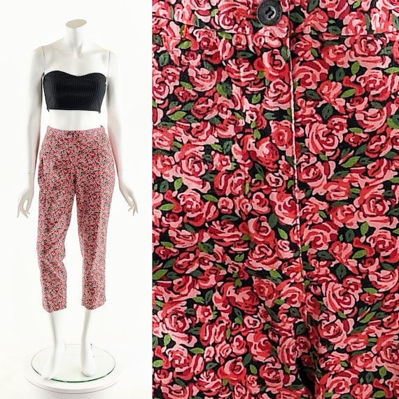 Rose Print Pants,50s Inspired Pants,Rose Print Capris… - Gem