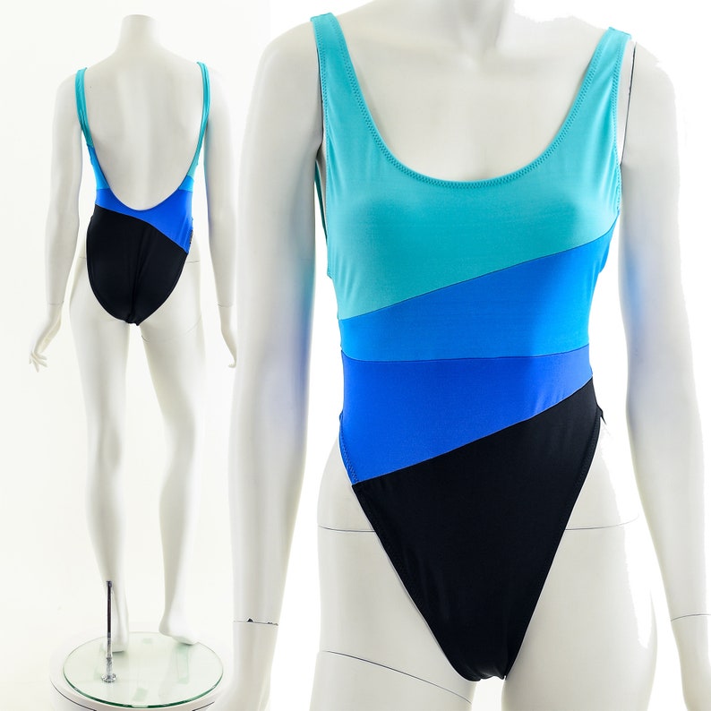 Brazilian Colorblock One Piece Swimsuit,Blue Panel High Cut Bathing Suit,Vintage Brazilian Swimsuit,High Cut Bikini Option,Low Cut Back, image 1