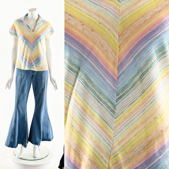 Pastel Rainbow Blouse,Vintage 60s Rainbow Top,Spac