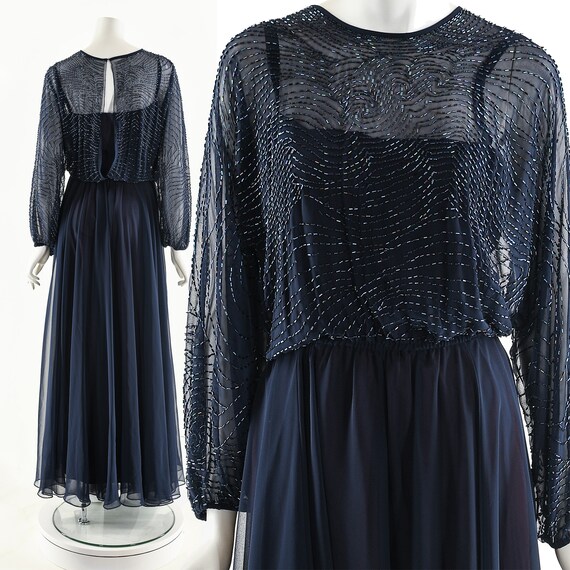 Beaded Navy Blue Chiffon Sweeping Formal Dress Ja… - image 2