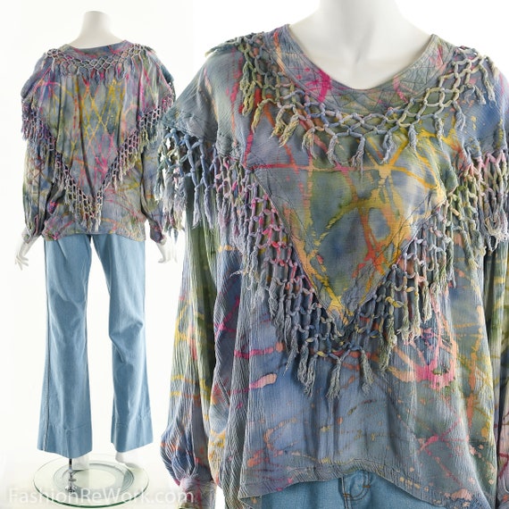 Fringe Tie Dye Gauze Top, Vintage Cotton Gauze Bl… - image 1