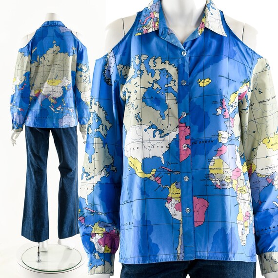 World Map Blouse,Cold Shoulder Vintage Map Shirt,… - image 1