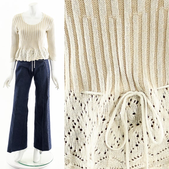 Cream Crochet Knit Peplum Sweater - image 3