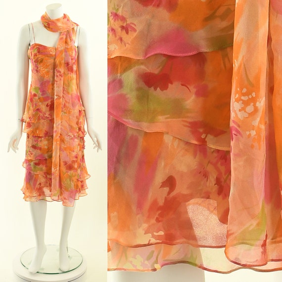 Watercolor Silk Dress,20s Inspired Tea Dress,Ruff… - image 1