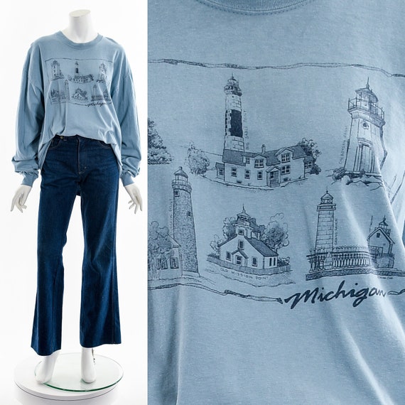 Michigan Lighthouse Dusty Blue Long Sleeve Shirt - image 1