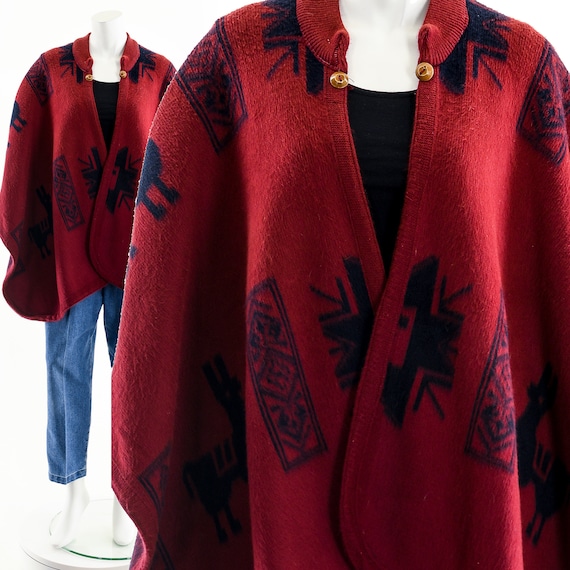 red alpaca wool poncho, southwest south american … - image 1