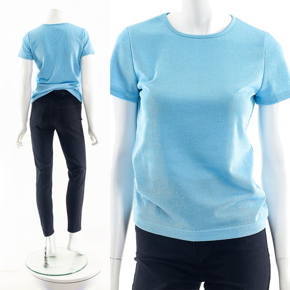 90s Ribbed Baby Tee, Vintage Sky Blue Top - image 3