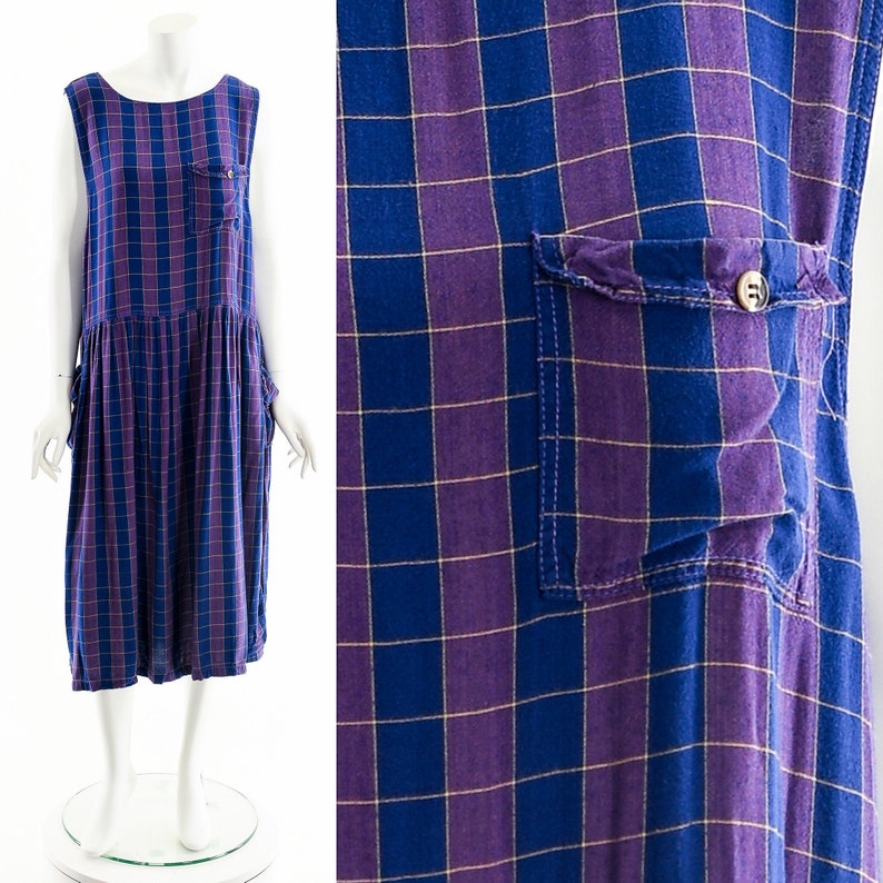 Rayon India Dress,Plaid Purple Midi Dress,Vintage Indian Dress,Checkered Square Pinafore Dress,Vintage Soft Rayon Dress,Apron Dress,Preppy image 1