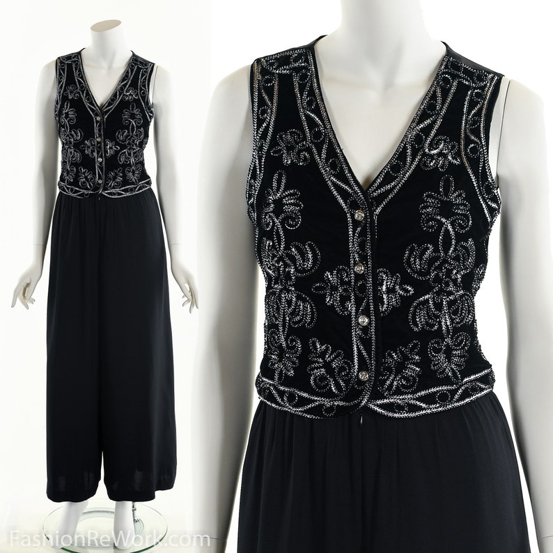 Party Jumpsuit Attached Vest Jumpsuit Vintage Jumpsuit Black Boho Jumpsuit Evening Jumpsuit Bohemian Jumpsuit 90/'s Black Jumpsuit