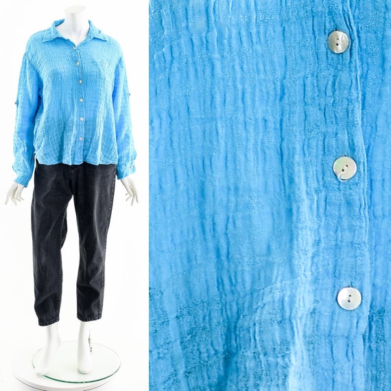 Aqua Blue Linen Button Down Blouse - image 1